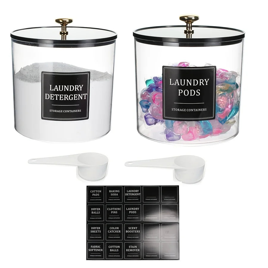 Laundry Pods Container & Dryer Sheet Holder – Storage Jars with Lids, Labels & Scoops for Laundry Room