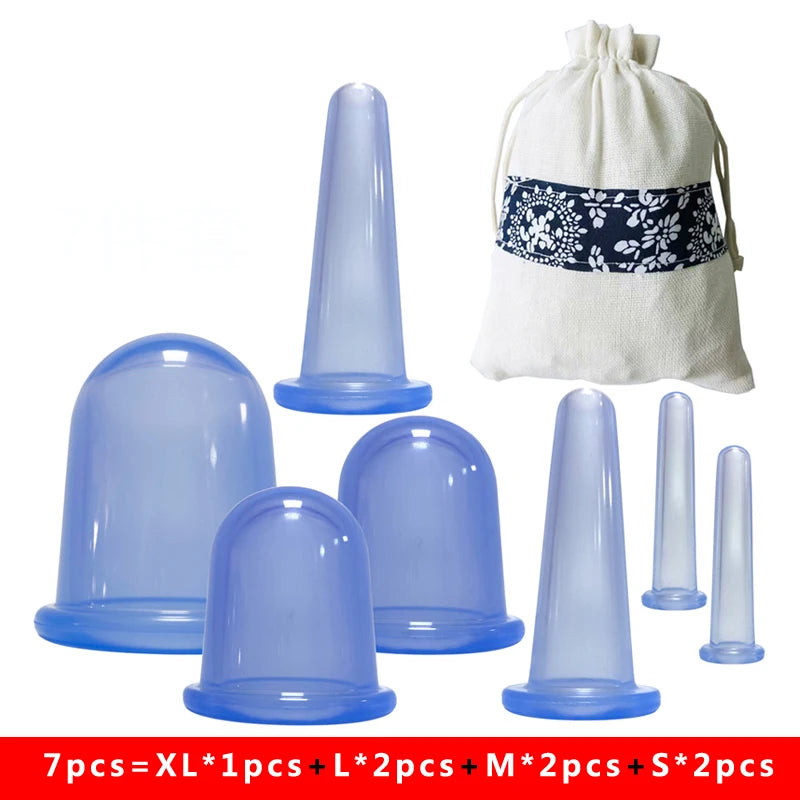7PCS/Set Silicone Massage Jars Suction Cup Plastic Dampness Expelling Body Release Pain Vacuum Cans Banks Peaceful Pleasures Health and Wellness 7pcs Blue