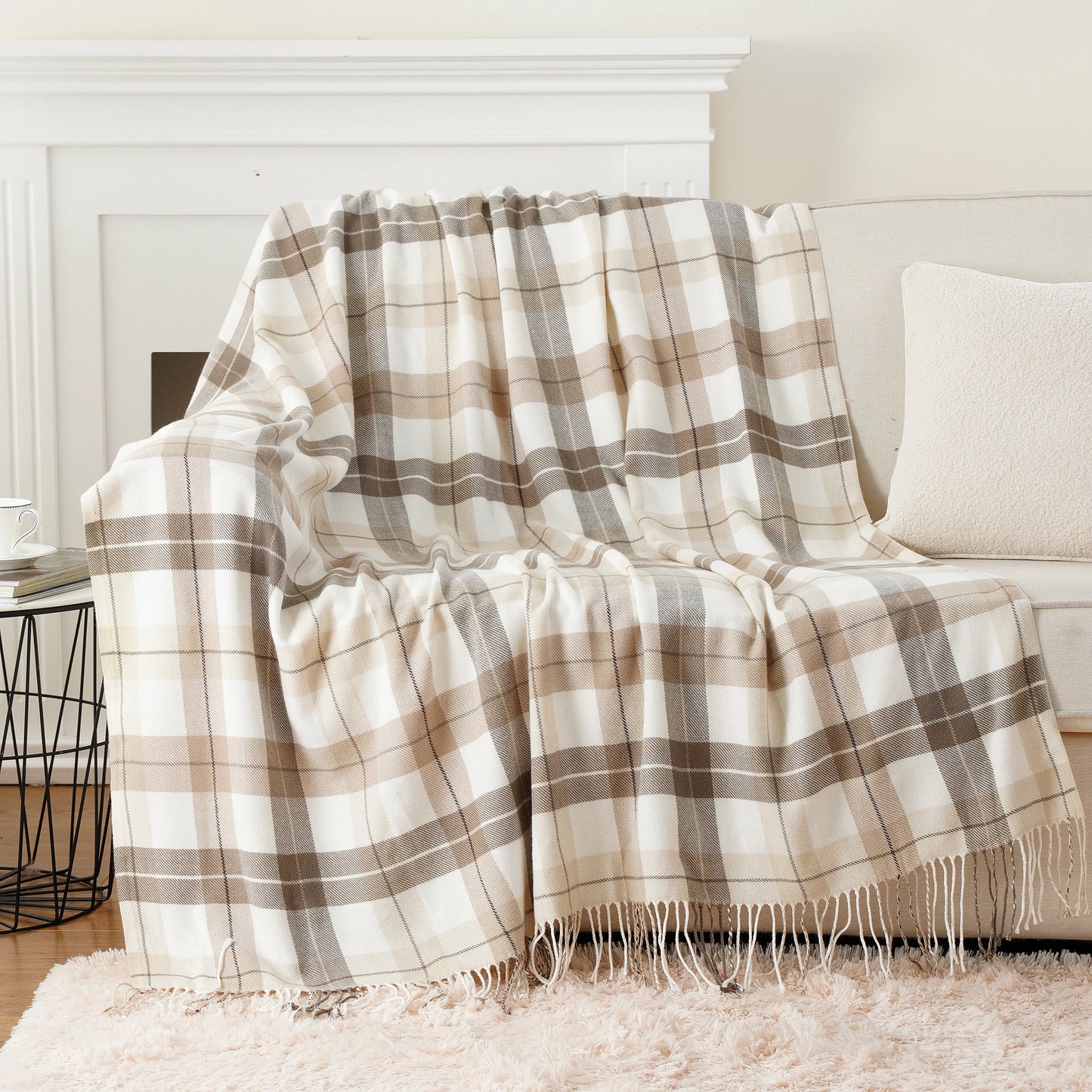 Battilo Plaid Knit Throw Blanket | Beige Tassel Sofa Blanket