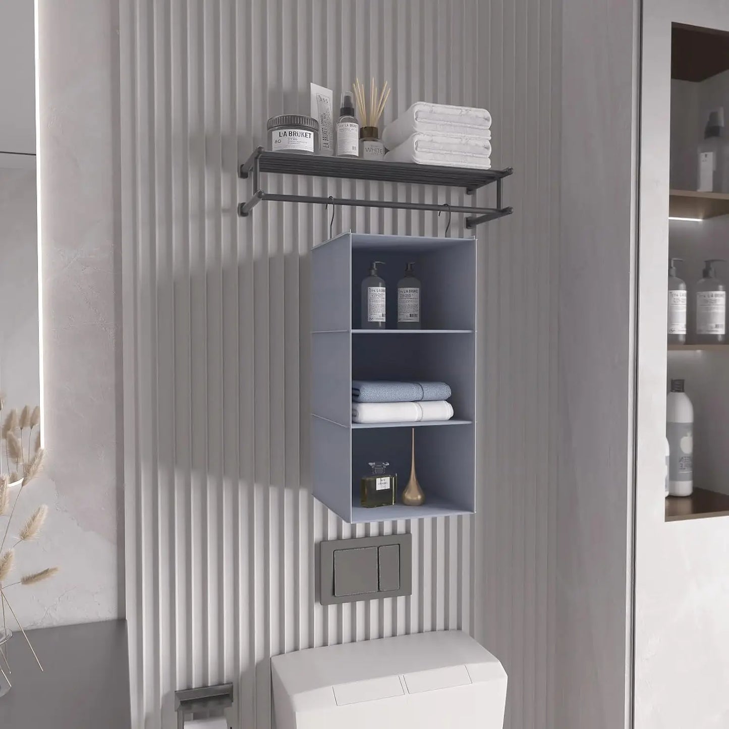 Bathroom with wall-mounted shelves and storage units against a striped wall.