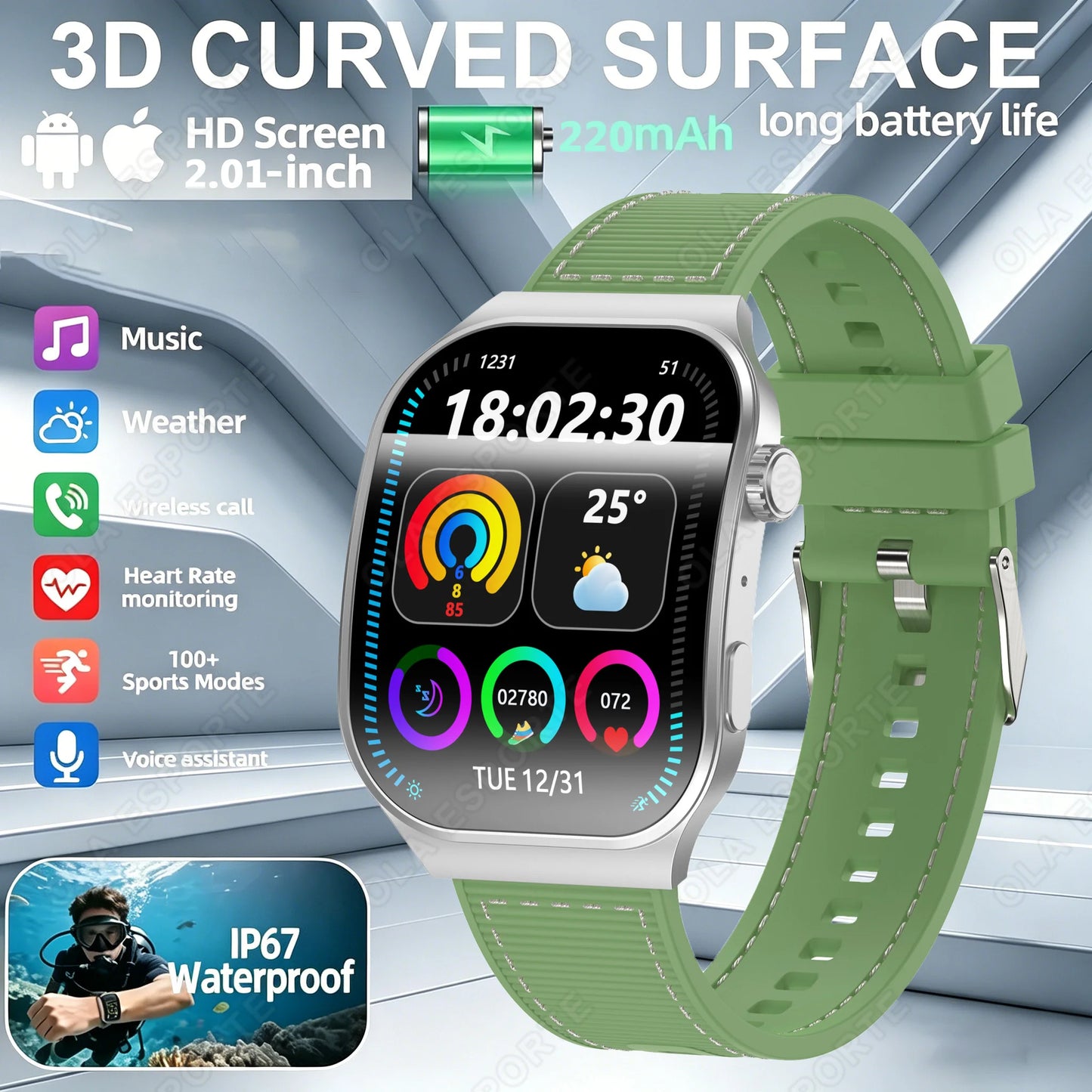 2026 New Bluetooth Call Smart Watch for Men 2.01" HD Curved Screen Sports Watch Health Monitor Smart Watch for Android iOS Peaceful Pleasures Health and Wellness Silver