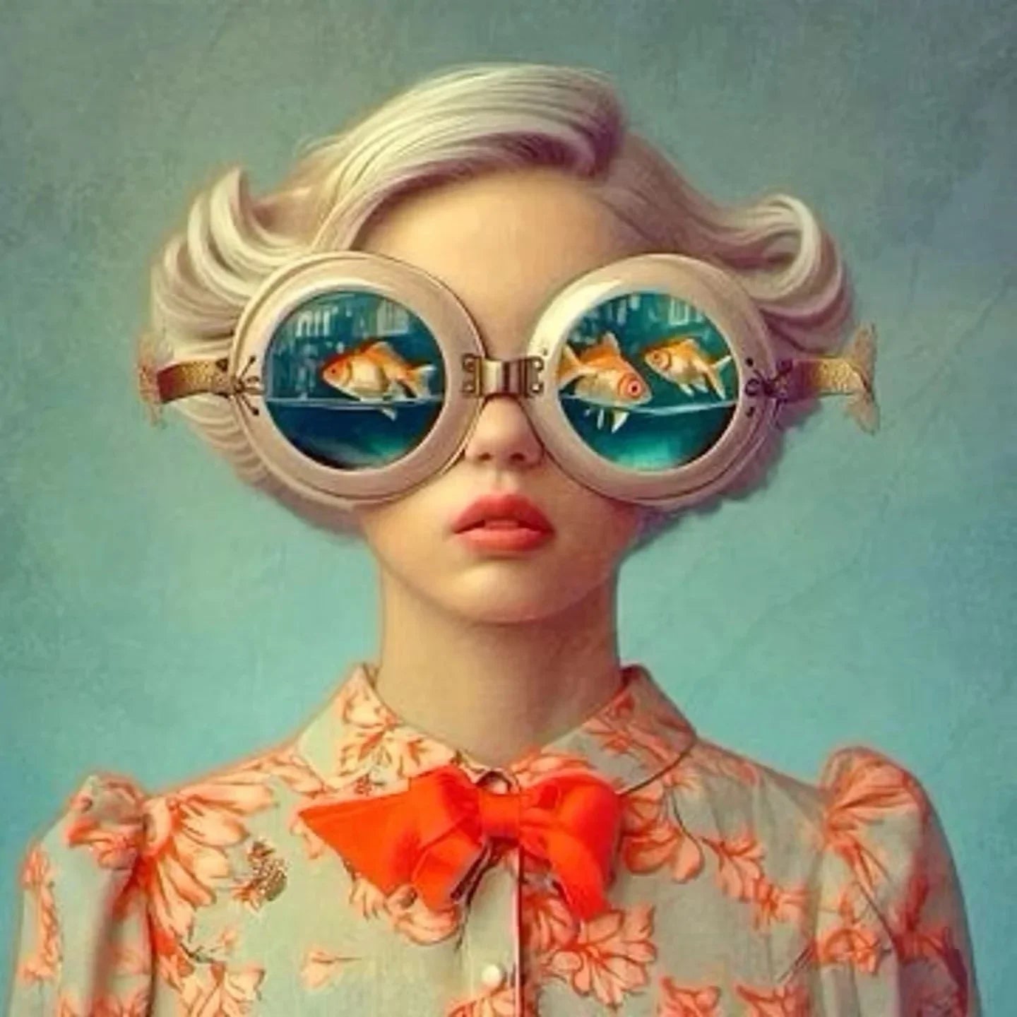 Surrealism Woman & Fish Canvas Wall Art | Fantasy Portrait Print