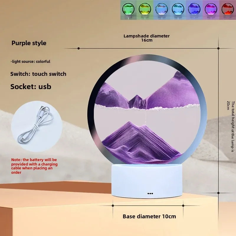 Hot 3D Stereoscopic Glass Sand Painting Bedside Lamp Decompression Liquid Office Home Decoration Gift Small Night Light Peaceful Pleasures Health and Wellness Purple