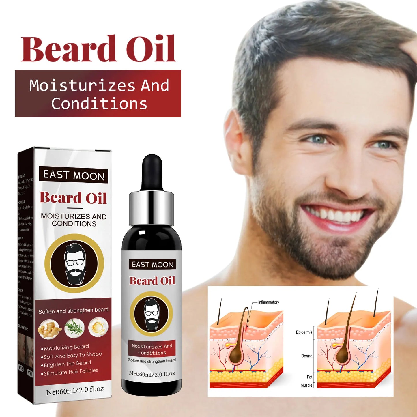 East Moon Beard Growth Oil – Grapeseed & Ginger Root 60ml