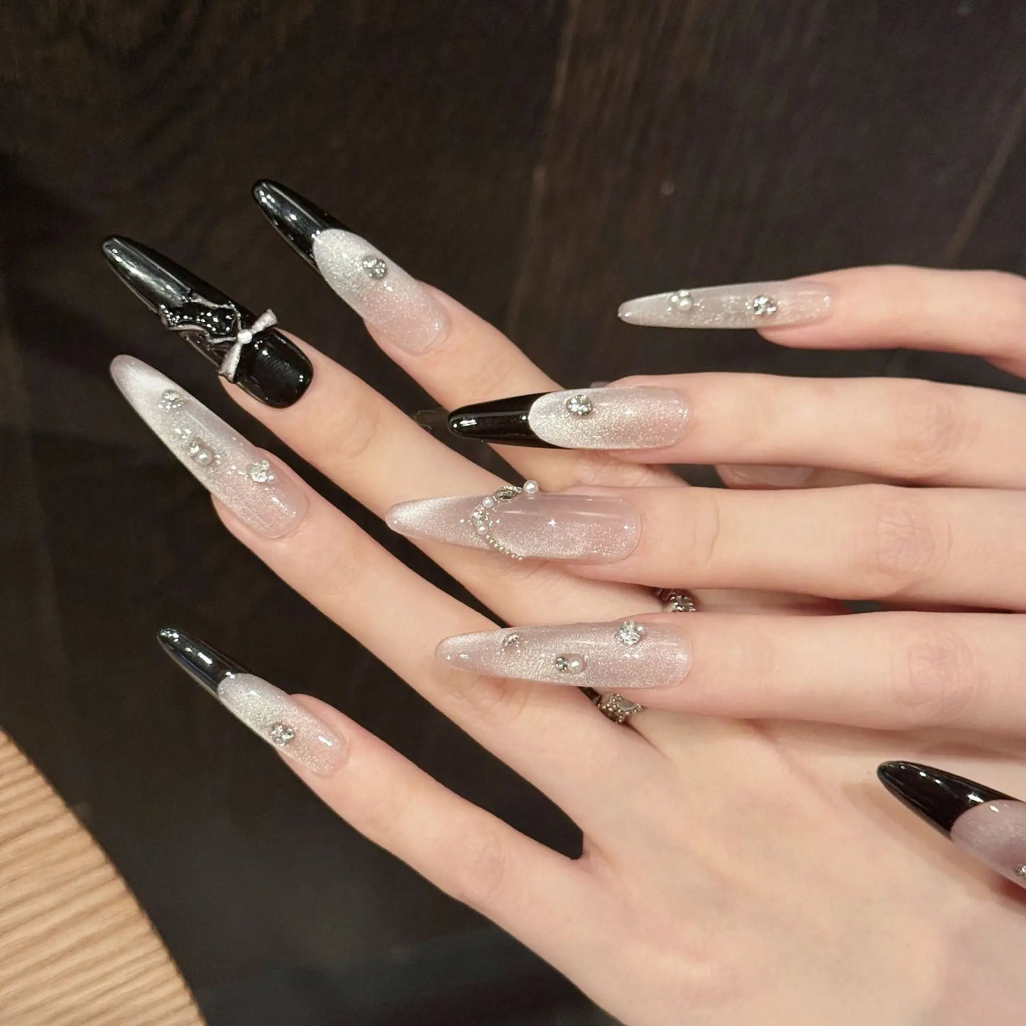 10pcs Handmade Press on Nails Sweet Pink Cat Eye False Nails Wearable Full Cover Black French Bow Design Almond False Nail Tips Peaceful Pleasures Health and Wellness L