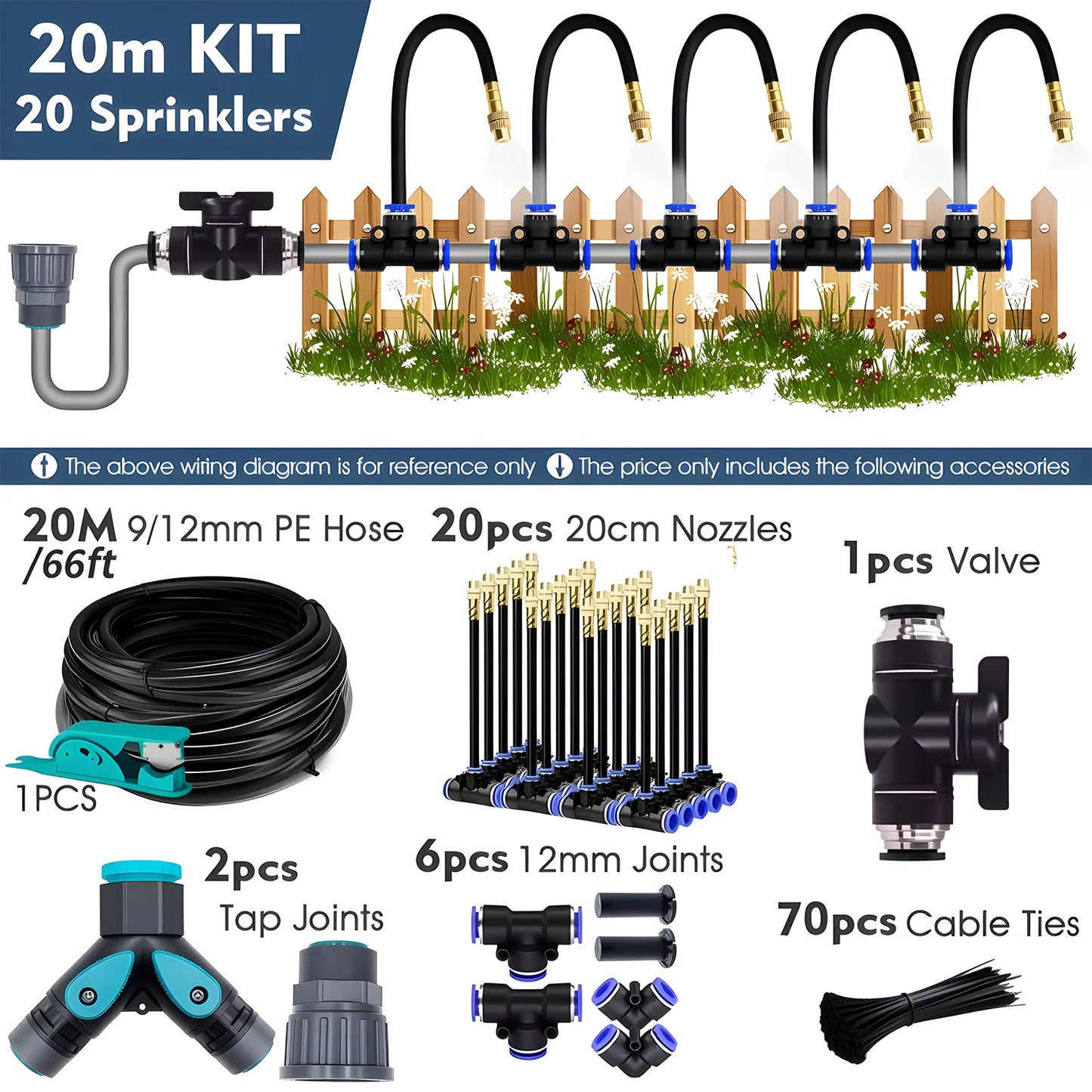 20-5m 3/8" 9/12mm Misting Cooling System Garden Irrigation 80mesh Filter 360° Free-bend Brass Nozzle Adjustable Atomizer Sprayer Peaceful Pleasures Health and Wellness 20m Kit