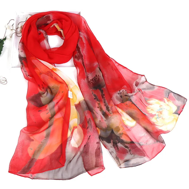 Women's Ink Lotus Chiffon Scarf – Lightweight Floral Print