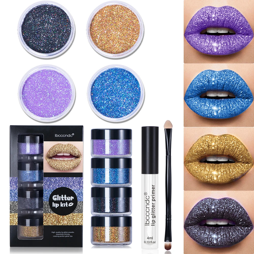 4Color Glitter Lip Gloss Set, Diamond Metallic High Pigment Powder for Lip Makeup, Glitter Lip Makeup, with Lip Primer and Brush Peaceful Pleasures Health and Wellness Blue