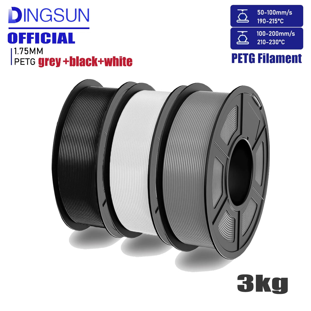 DINGSUN PETG Filament 1.75mm | 3×1kg Rolls, Vacuum-Packed