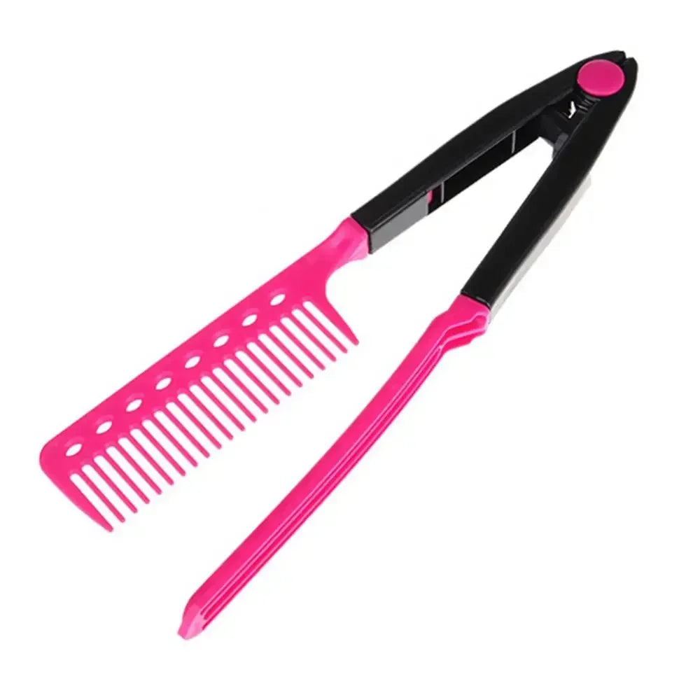 1pcs Folding V Type Hair Straightener Brush DIY Hairdress Tool Hairdressing Combs Natural Hair Styling Curling Comb Hair Peaceful Pleasures Health and Wellness pink