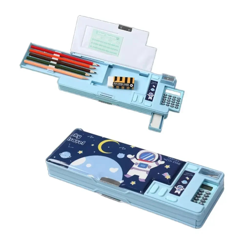 Double Layer Pencil Case Astronaut/Animal Design Pencil Sharpener Pencil Box Plastic With Calculator Stationery Organizer Peaceful Pleasures Health and Wellness DeepBlue