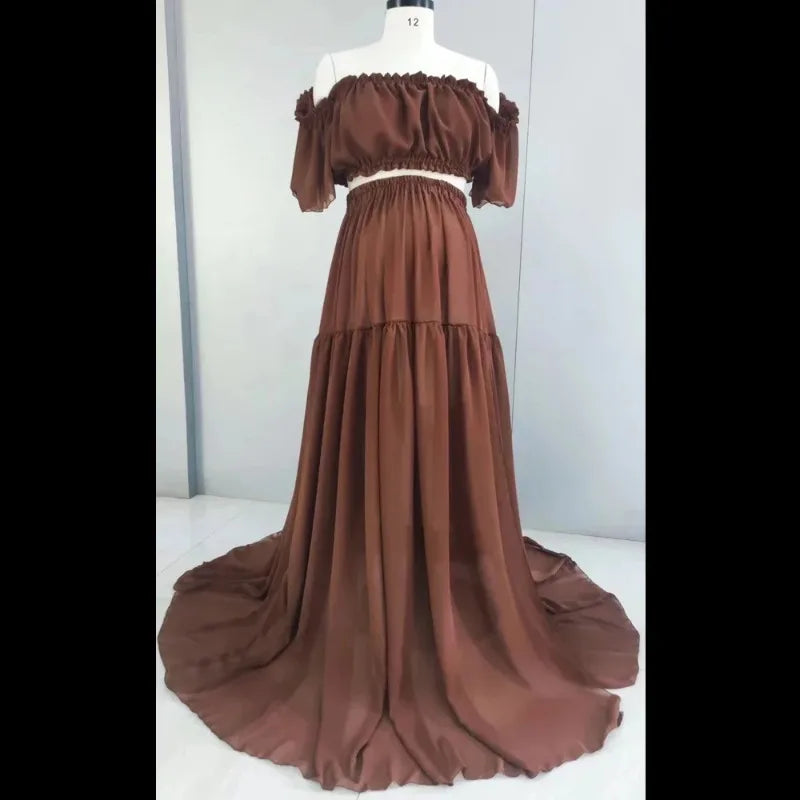 Maternity Photoshoot Dress 2 Piece Set - Off The Shoulder Chiffon Gown with High Slit, Elastic Strapless Nursing Top,Baby Shower Peaceful Pleasures Health and Wellness XL coffee