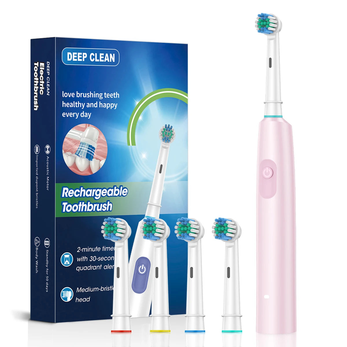 HOMEFISH Bestselling 5-Speed Rotating Electric Toothbrush 360° Rotating Soft Bristle Head Waterproof Sonic Rechargeable Peaceful Pleasures Health and Wellness Pink 4 Heads