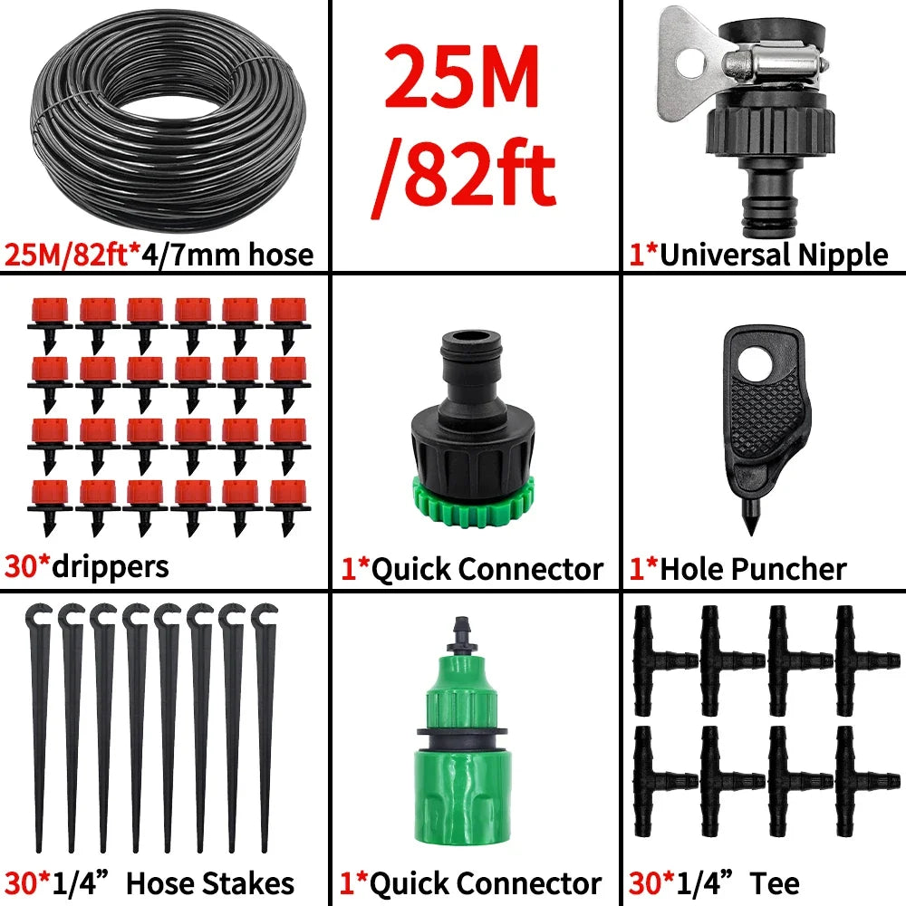 15M-25M Micro Drip Watering Kit Garden DIY Automatic Irrigation System & Adjustable Dripper 4/7'' Hose for Greenhouse Peaceful Pleasures Health and Wellness 25M