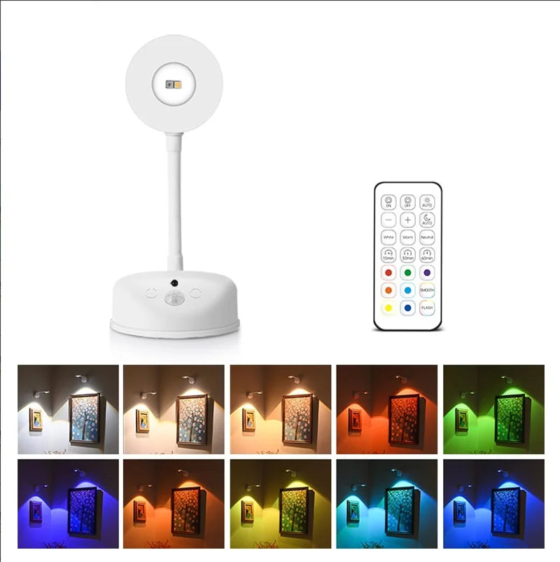 USB Rechargeable Intelligent Human Sensing Wireless Wall Light Dimmable Led Spotlight for Lighting Paintings Pictures RGB Peaceful Pleasures Health and Wellness White 2000mah