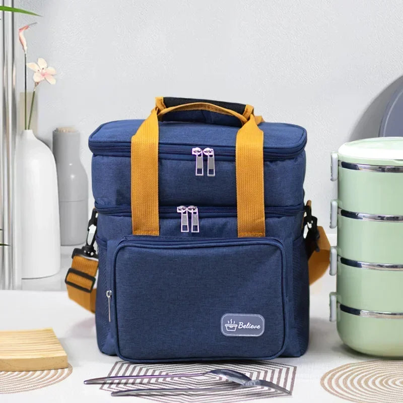 Large Capacity Insulated Lunch Bag Double Layer Thermal Picnic Oxford Shoulder Bag with Handle for Outdoor Food Storage Lunch Peaceful Pleasures Health and Wellness navy blue-1pc