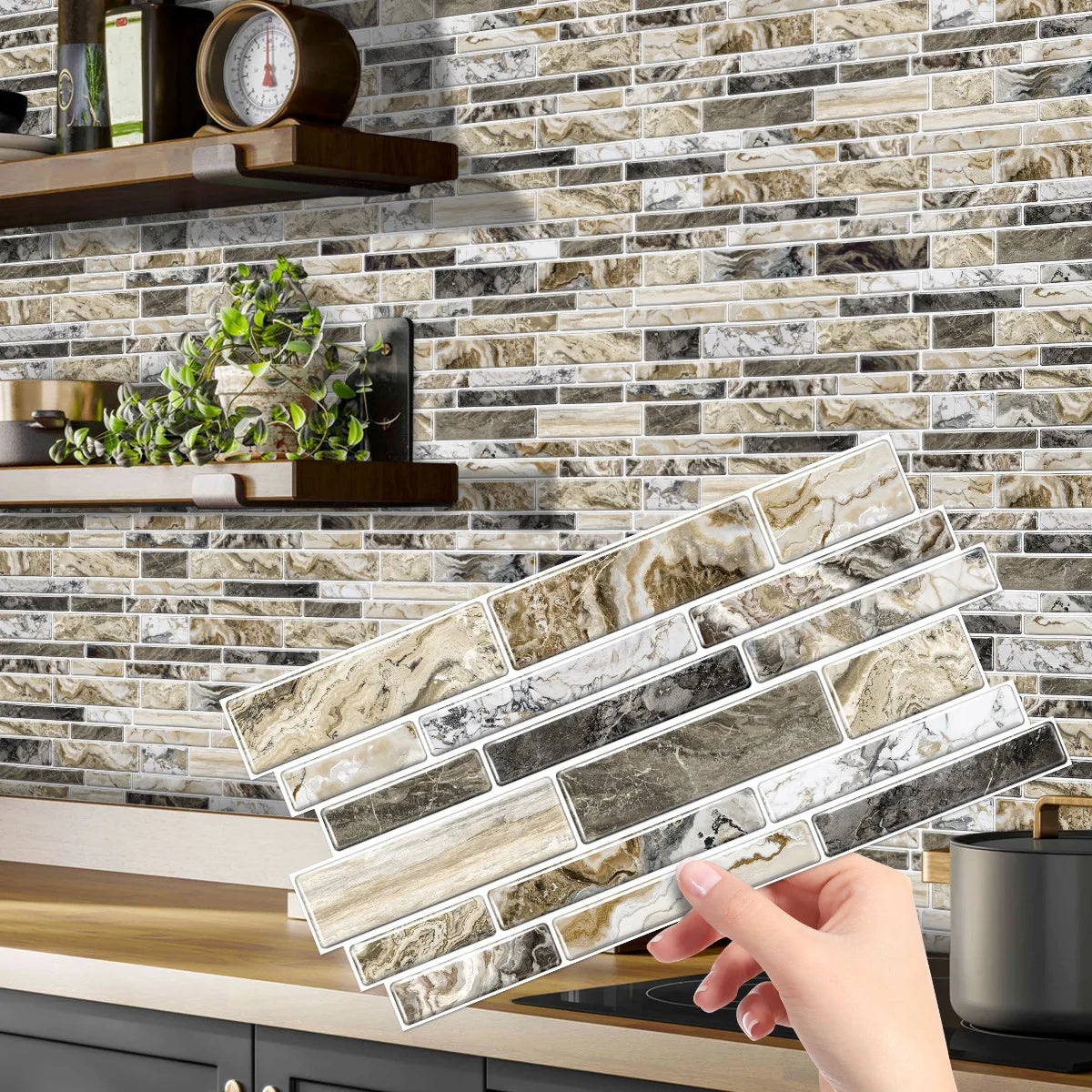 Crystal Film Marble Tile Wall Sticker, Waterproof and Oil-resistant Kitchen Bathroom Wall Decal, Self-adhesive Home Decor Peaceful Pleasures Health and Wellness XY-HTP-09 12x24.6cmx12pcs
