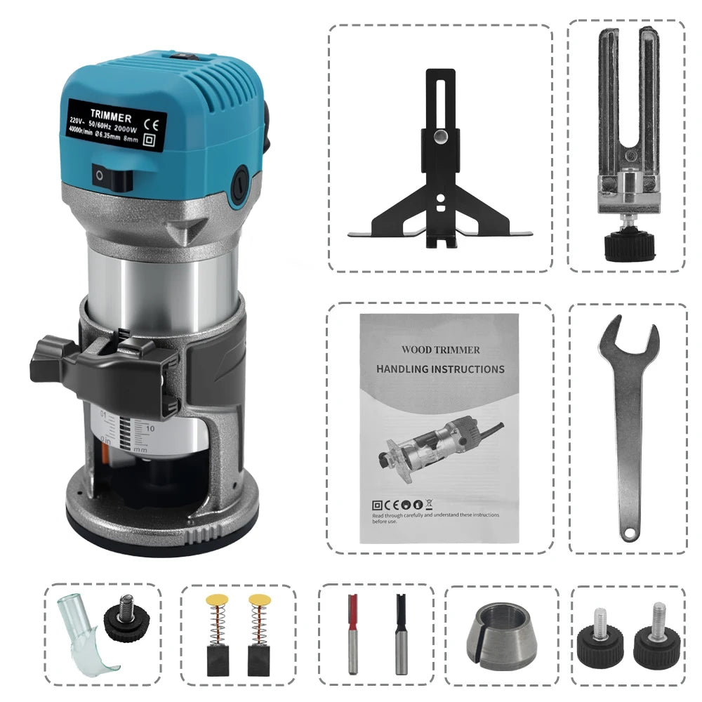 220V Wooden Router Wood Trimmer Machine 6 Speeds Adjustable Electric Hands Trimmer Carpentry DIY Tool 2000W Woodworking Trimming Peaceful Pleasures Health and Wellness Blue