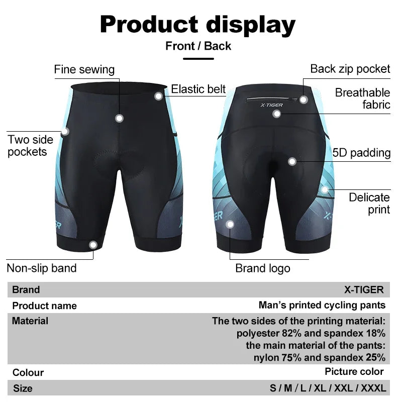 X-TIGER Men's Padded Cycling Shorts – Quick Dry & UV Protect