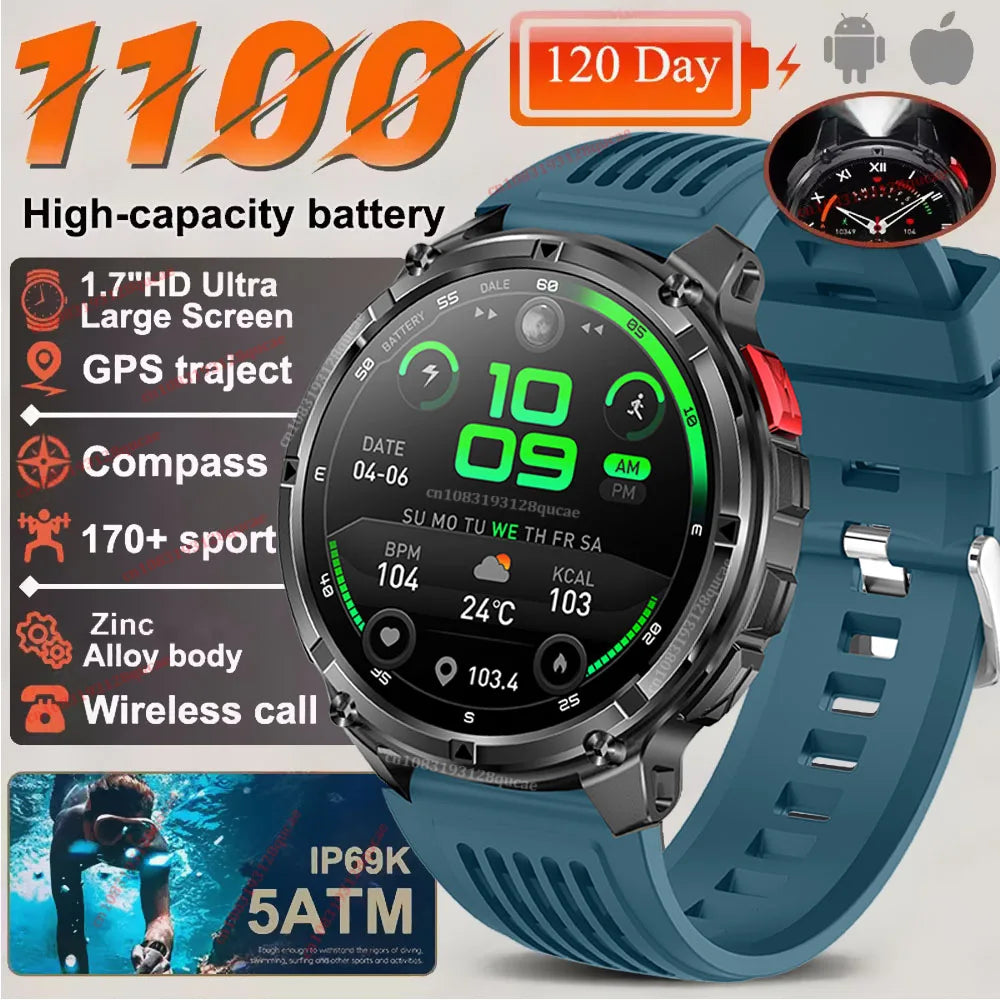 Ola Esporte Military Smartwatch 1.7" AMOLED GPS LED Flashlight