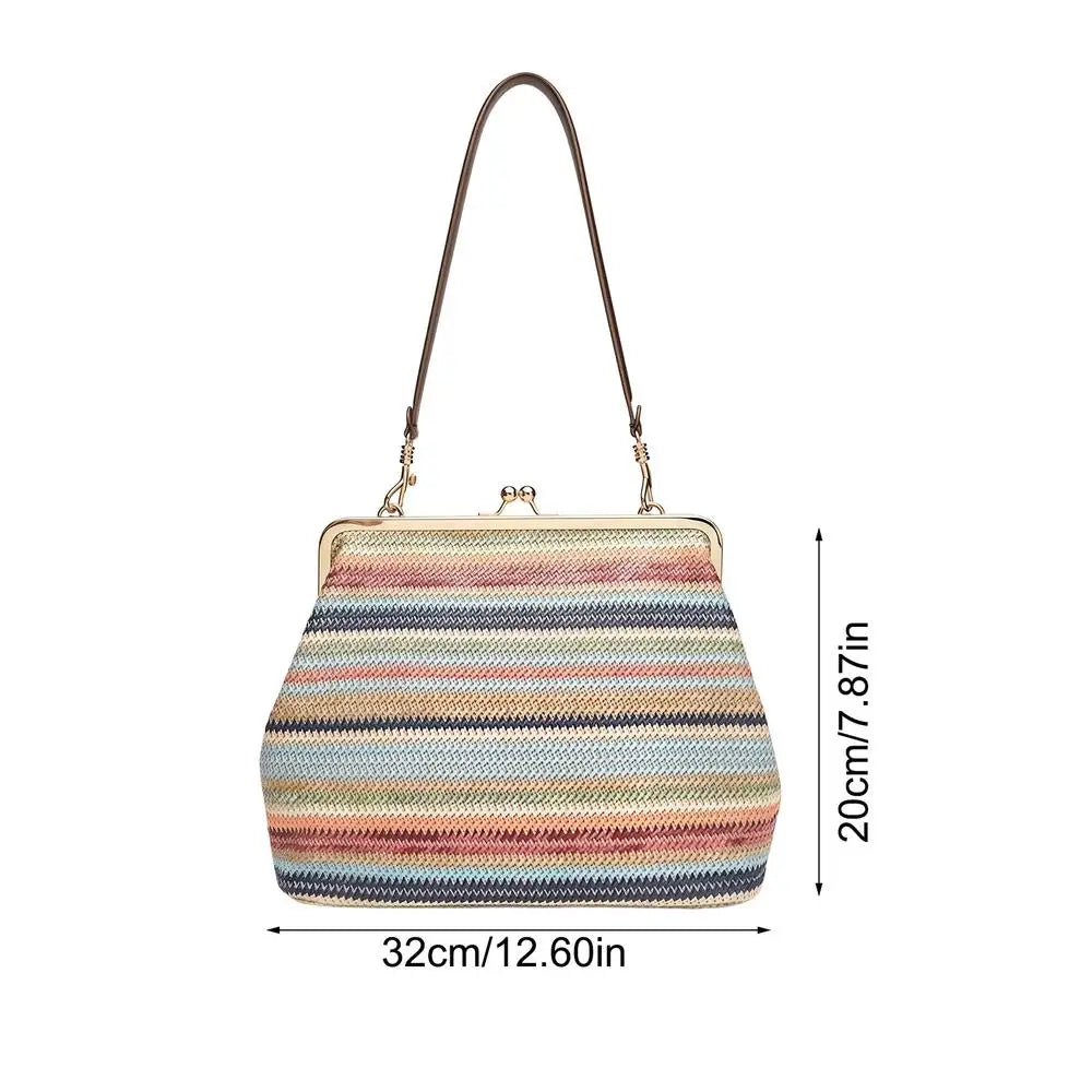 Retro Large Straw Tote Bag For Women, Kiss-Lock Woven Purse, Summer Beach Travel Vacation Grocery College Market, Spring & Even Peaceful Pleasures Health and Wellness A