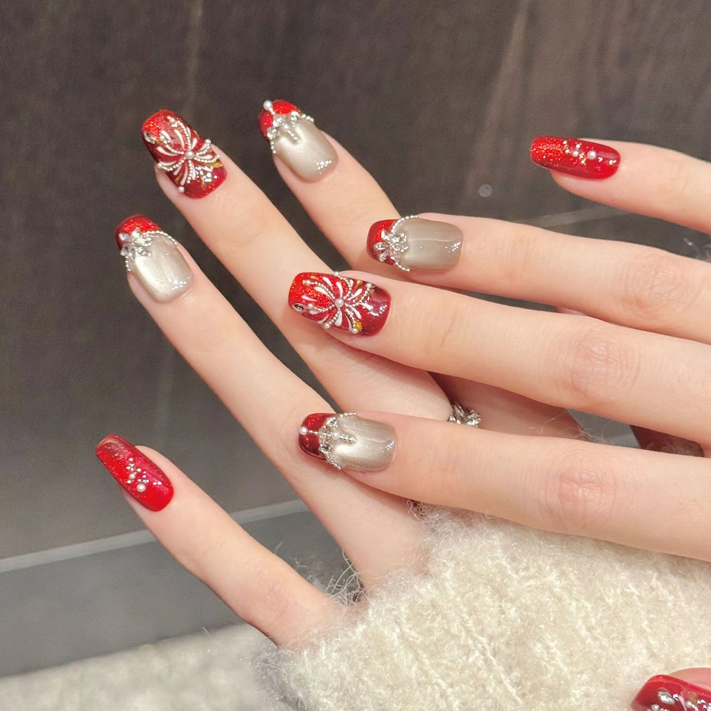 Handmade Press On Nails | Fireworks Diamond Cat Eye French Set