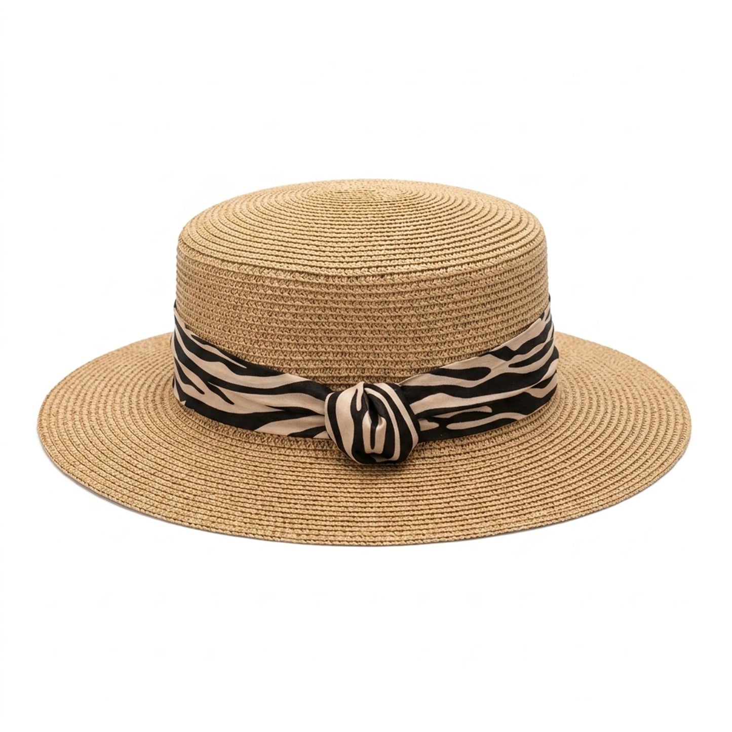 Women's Flat Top Panama Hat Summer French Retro Zebra-Print Straw Sun Hat Outdoor Resort Wide Brim Sun Protections Hat Peaceful Pleasures Health and Wellness HAT BRIM 7CM Khaki