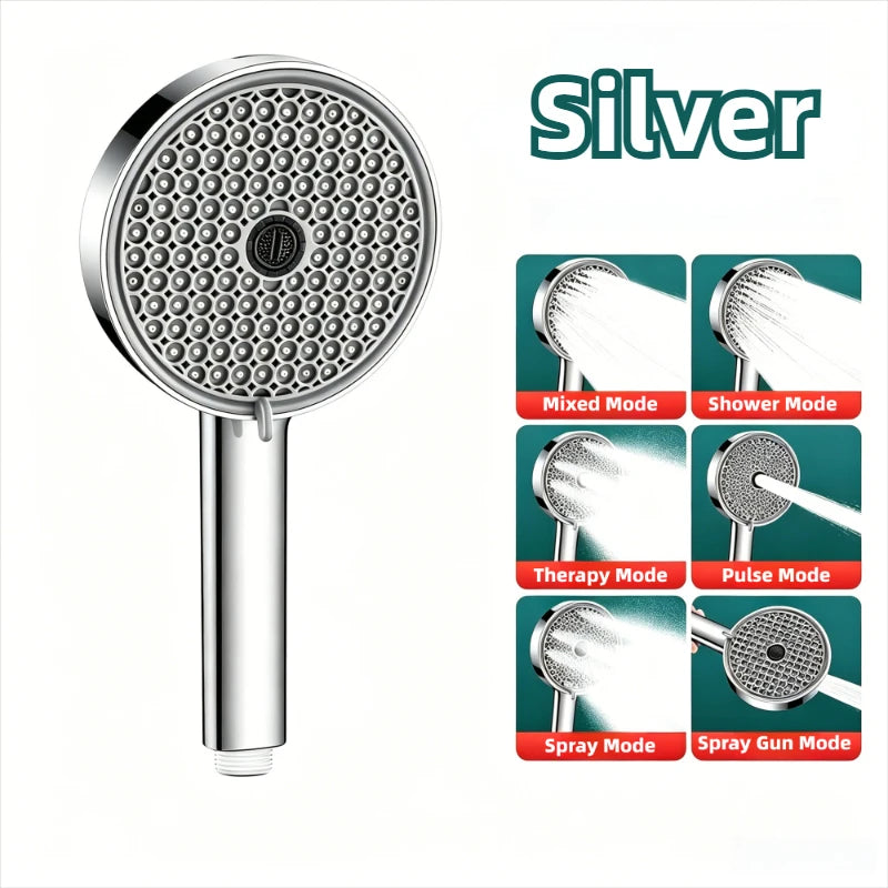 6 Modes Adjustable Pressure Boost Shower Head 12.5CM Big Panel High Pressure Large Flow Handheld Showerhead Bathroom Accessories Peaceful Pleasures Health and Wellness Silver