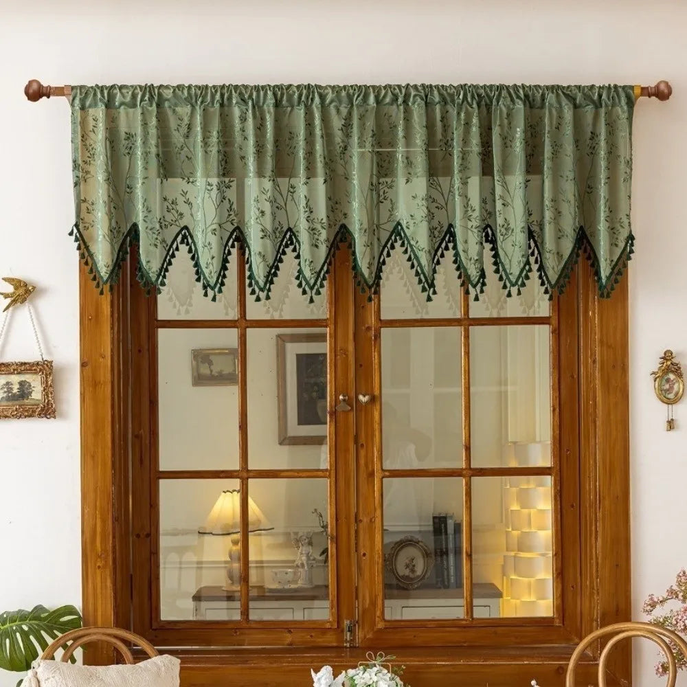 Rustic Short Tulle Window Curtain | Lace Fringe Trim