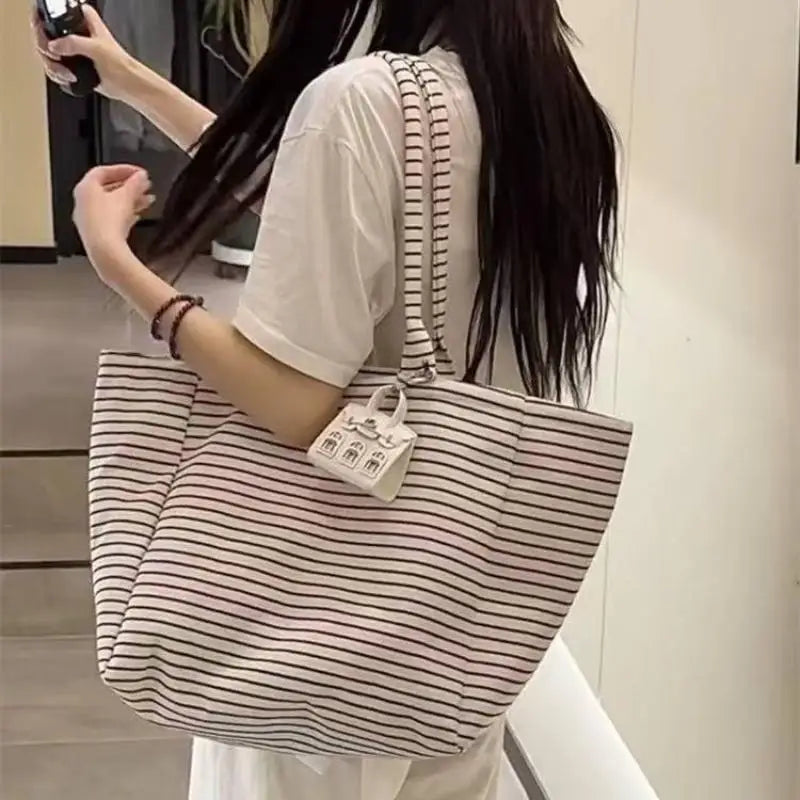 Large Canvas Tote Bag – Striped Plaid Shoulder Bag for Women