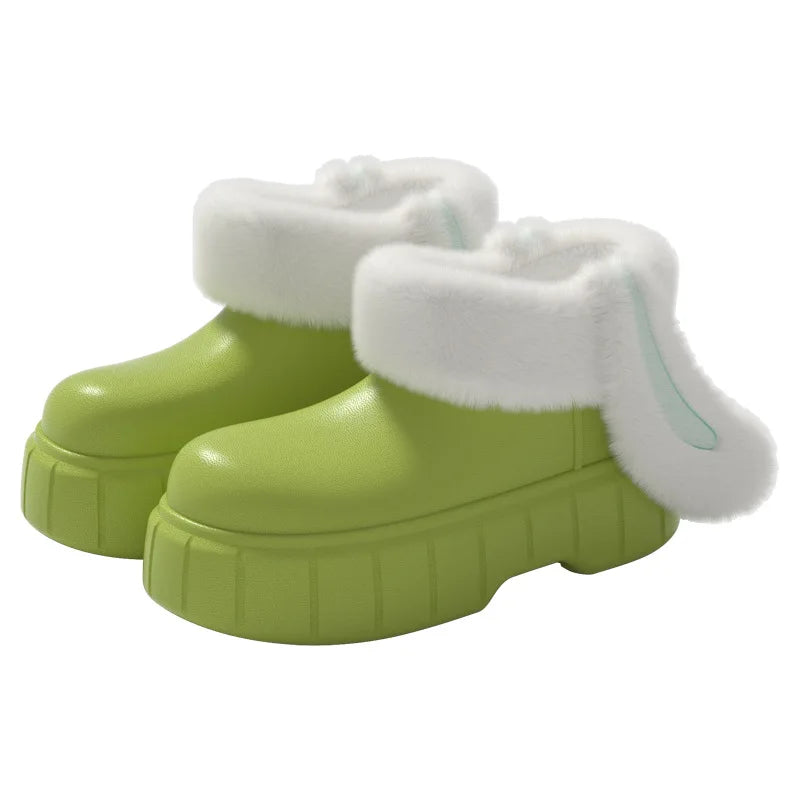 New EVA Removable Washable Rabbit Ear Cotton Shoes with Plush Waterproof Cotton Slippers for Women's Winter Outerwear Thick Sole Peaceful Pleasures Health and Wellness 36-37 Apple Green