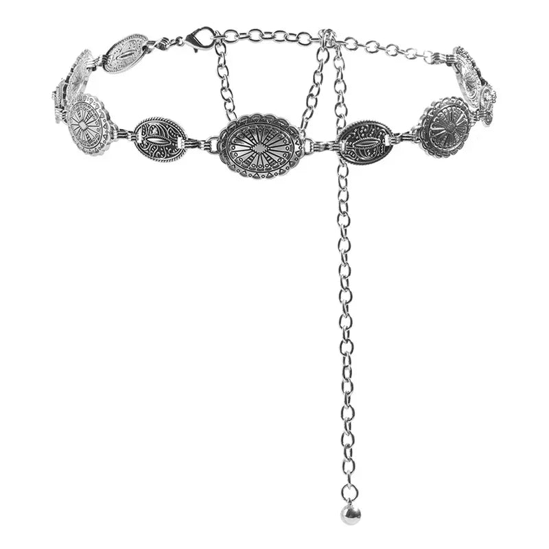 Retro style women's metal waist chain accessories Decorative circle carved chain belt high style accessories Peaceful Pleasures Health and Wellness Silver