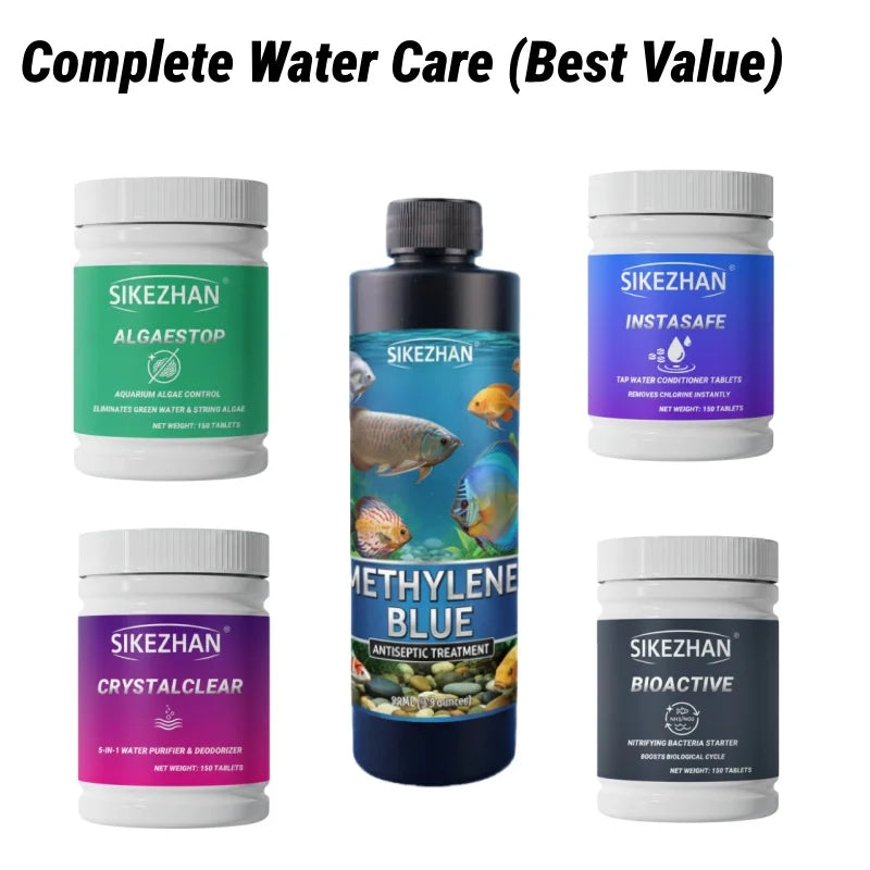 SIKEZHAN Aquarium Water Treatment Tablets Algae Remover Methylene Blue Nitrifying Bacteria Fish Tank Clarifier Conditioner Set Peaceful Pleasures Health and Wellness 5-in-1 Full Care Set