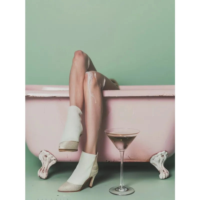 Retro Martini Girl Bathtub Canvas Wall Art | Glam Bathroom Decor