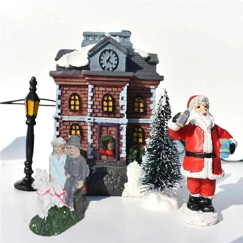 Christmas Resin Mini Village Set with LED Lights – 10 Pieces
