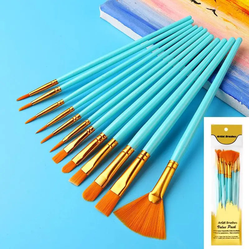 12-Piece Flat Nylon Paint Brush Set – Watercolor, Oil & Acrylic