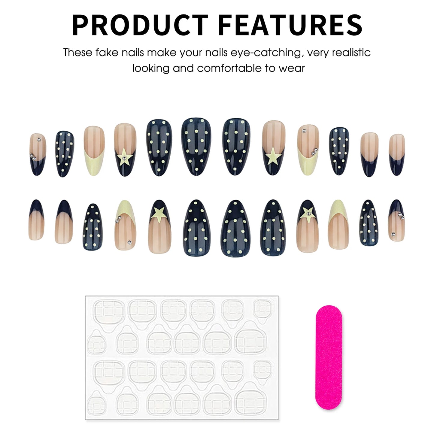 24pcs Colorful Y2k Press On Nails Star Print Designs Wearable Blue Yellow Polka Dot False Nails Fashion French Manicure Nail Art Peaceful Pleasures Health and Wellness