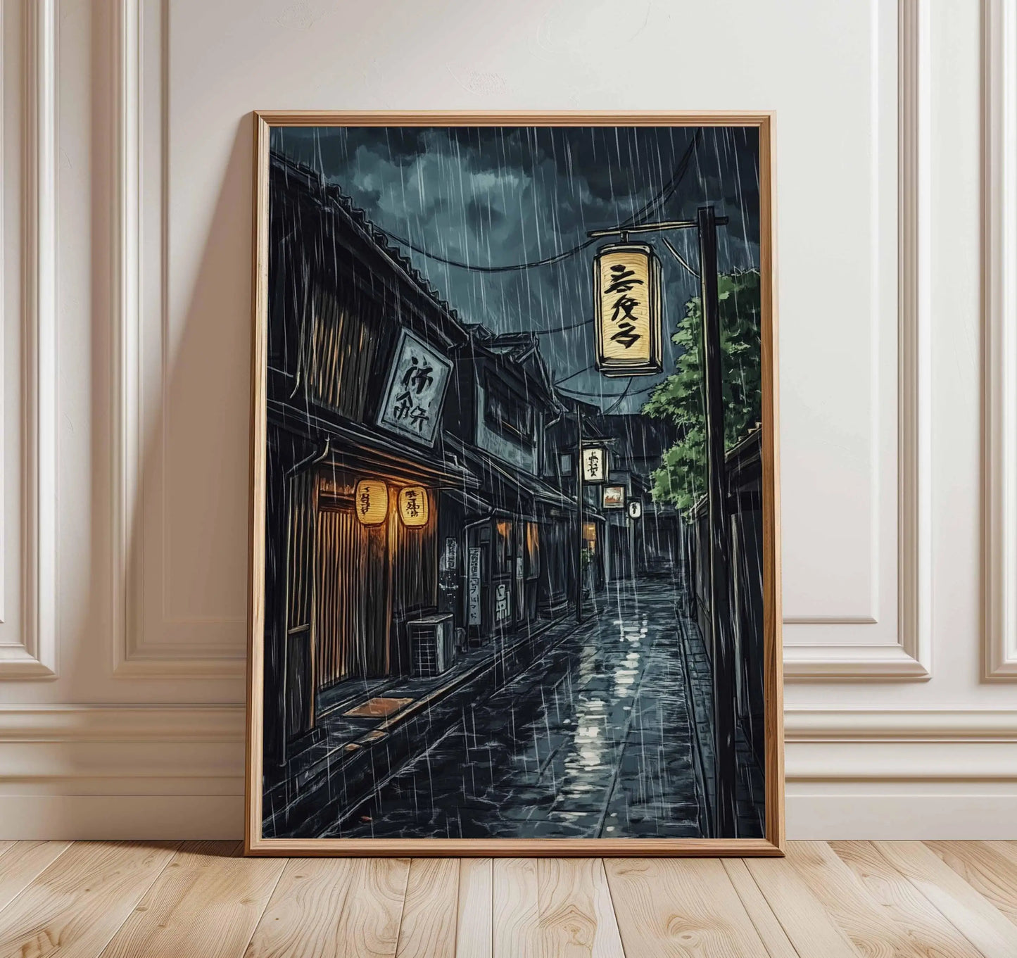 Retro Japanese City Rain Canvas Wall Art Poster | Frameless Canvas Wall Art Peaceful Pleasures Health and Wellness TL673 50x70cm Unframed