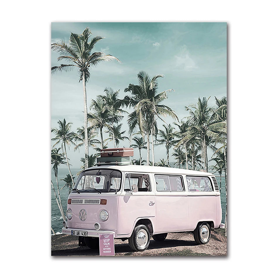 Scandinavian Ocean Beach Pink Bus Canvas Wall Art | Nordic Print