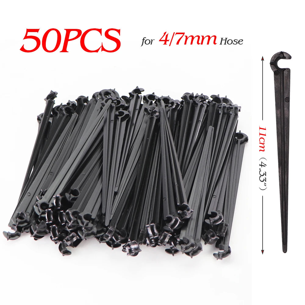 Garden Drip Irrigation Hose Holder Stakes – C-Type Ground Clips for 4/7mm Tubing Peaceful Pleasures Health and Wellness A-11cmx50PCS
