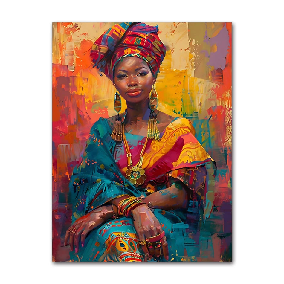 Oil Wall Art Painting for Living Room Africa Women Printed Posters Abstract Girl Portrait Canvas Painting Colorful Peaceful Pleasures Health and Wellness 1252-03 50x70cm Unframed