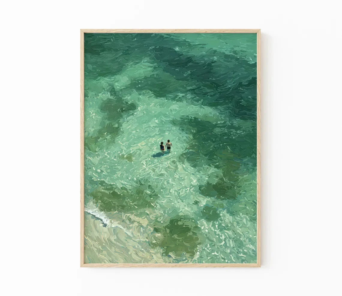 Swimming in Green Abstract Canvas Wall Art | Retro Minimalist Print