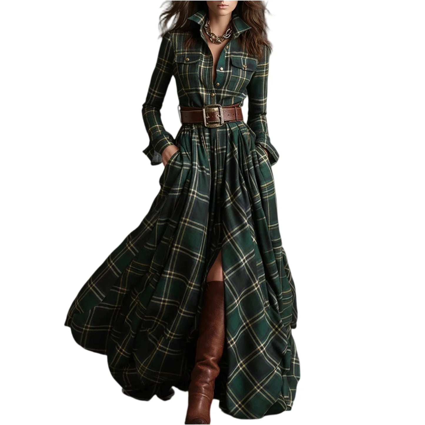 Retro Plaid Maxi Shirt Dress – Long Sleeve, Belt & Pockets