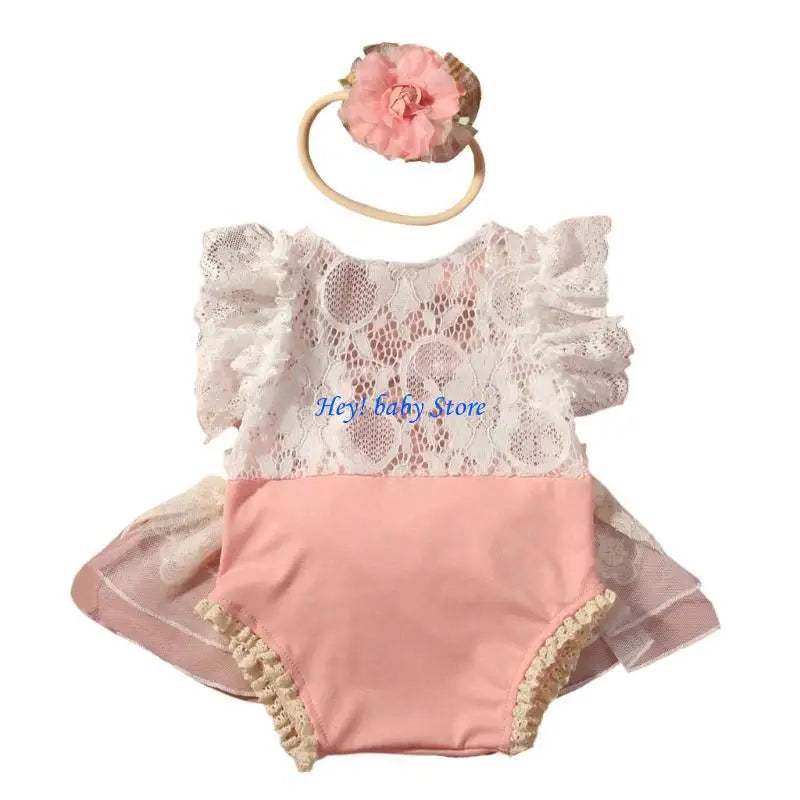 Lace Ruffled Baby Romper Dress & Headband | Newborn Photo Outfit