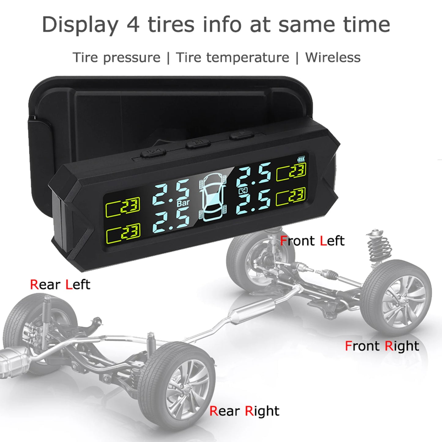 Solar Wireless TPMS – 4 Sensors, 5 Alarms, LCD Display