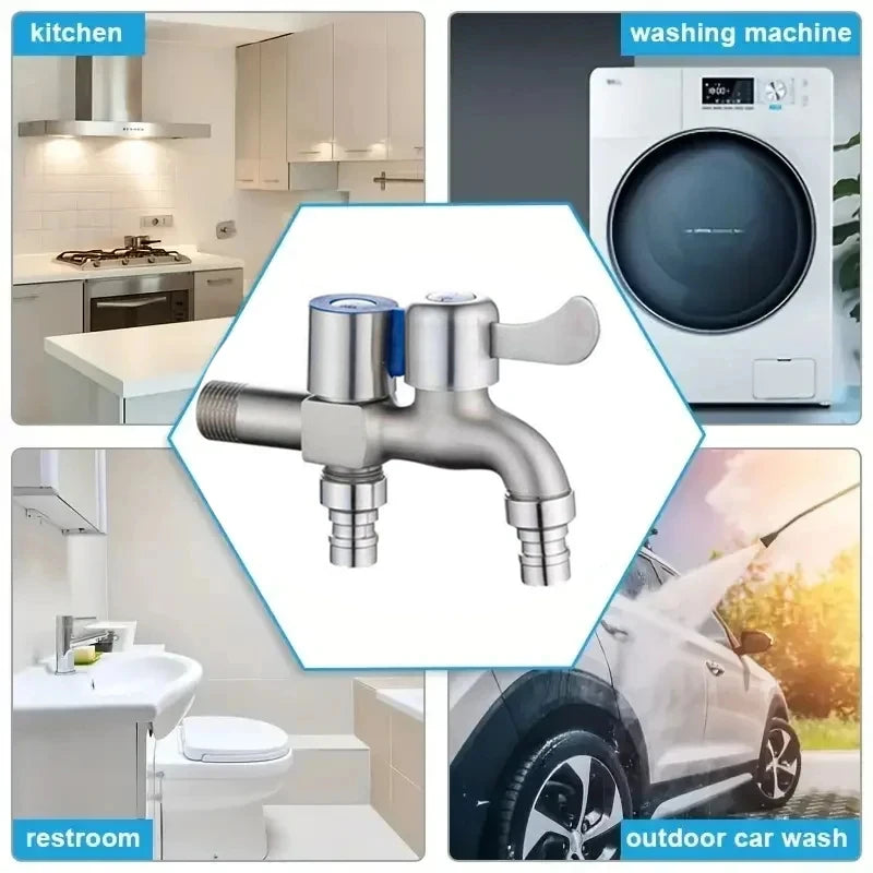 Stainless Steel Dual Outlet Faucet | 1/2" Wall Mount Two-Way Tap