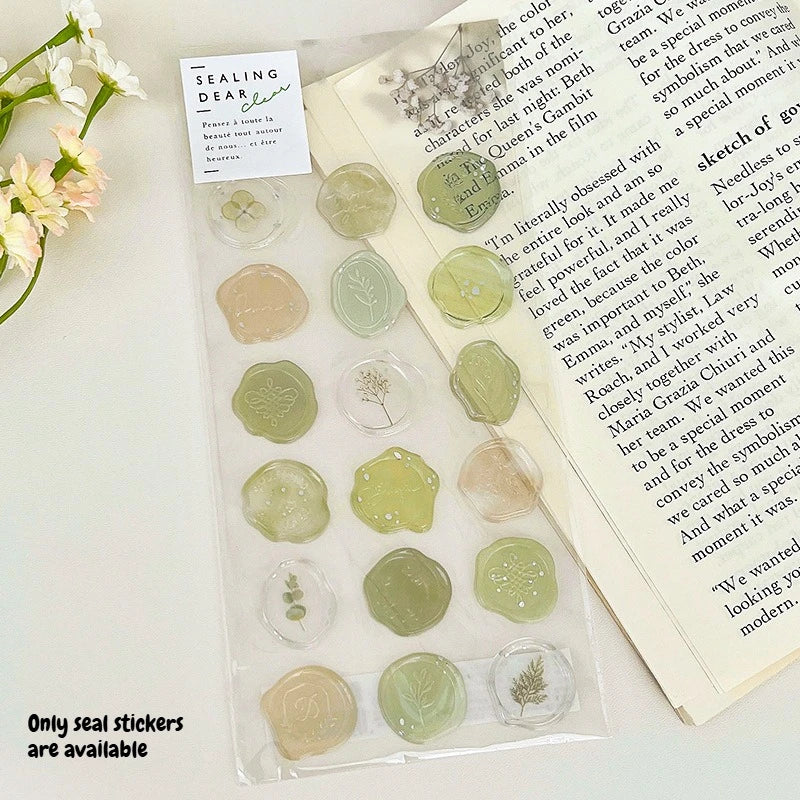 1 Sheet Ins Style DIY Imitation Fire Paint Seal Sticker Transparent Artistic and Beautiful Envelope Sealing Sticker Peaceful Pleasures Health and Wellness Green-1 sheet