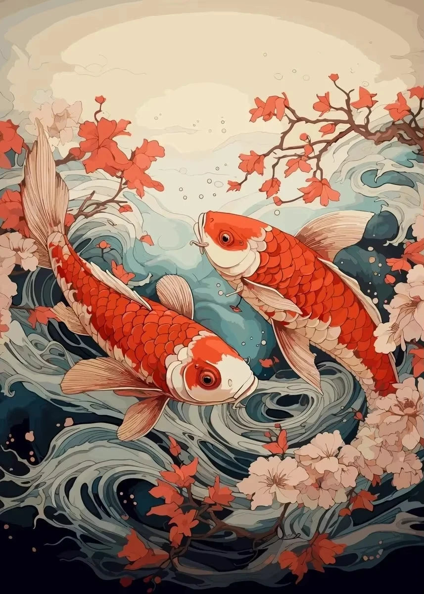 Red Koi Fish Lotus Canvas Wall Art | Good Luck Home Decor