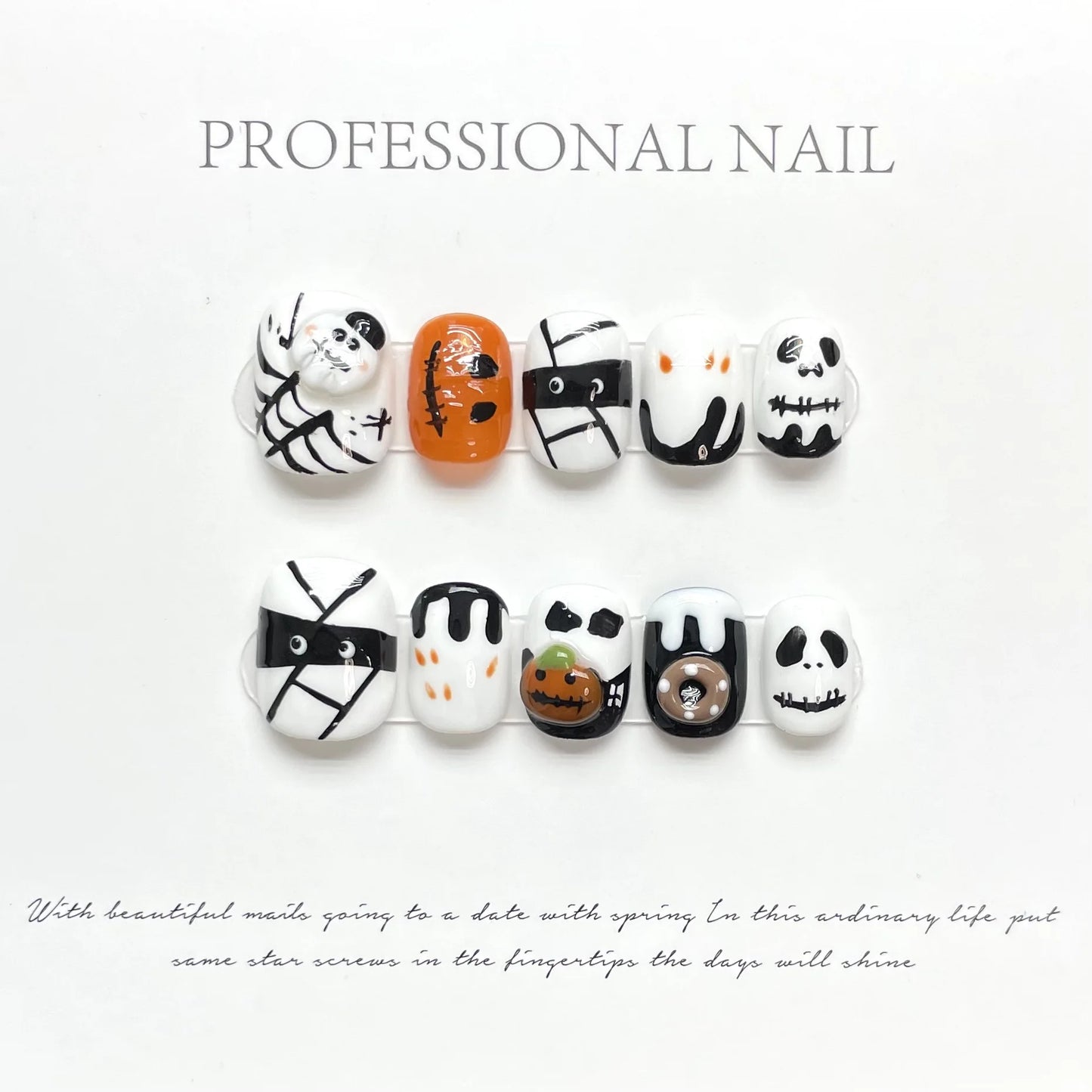 Handmade Pink Ghost Press-On Nails Y2K Crystal Design 10pcs Press-On Nail Set Peaceful Pleasures Health and Wellness XS 1