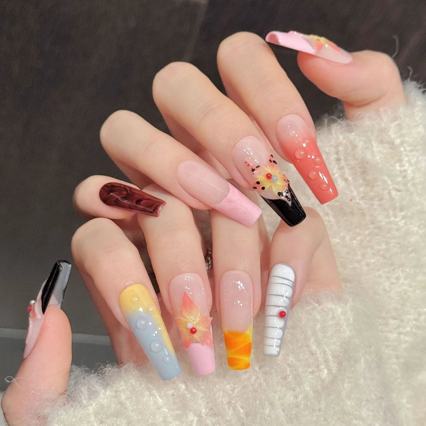 3D Floral Gradient Press-On Nails – Island Style 10-Piece Set